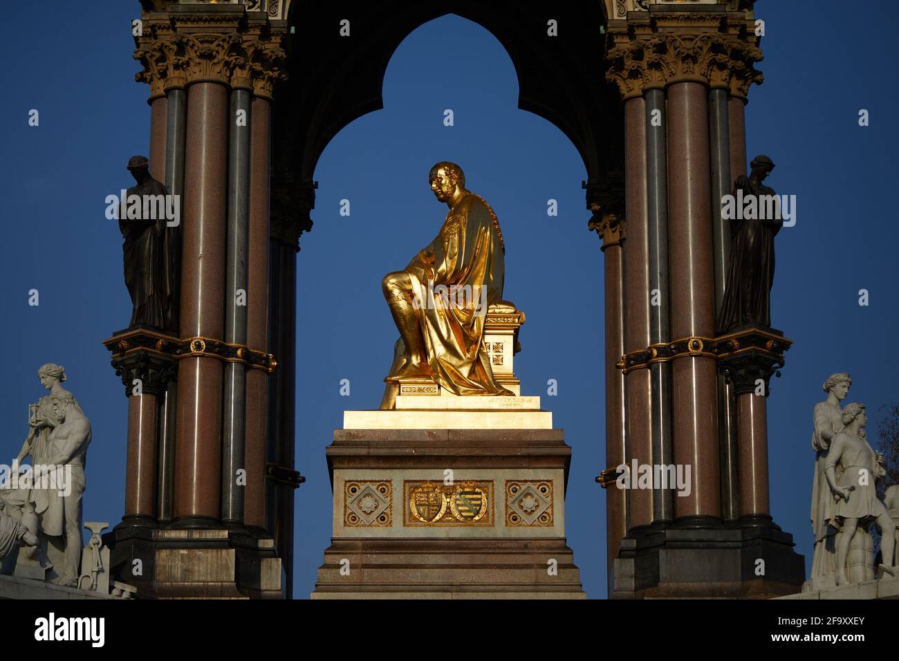 London, UK - 20 Apr 2021: The gilt bronze statue of Prince Albert that forms the central portion of the Albert Memorial. Designed by John Henry Foley. Stock Photo