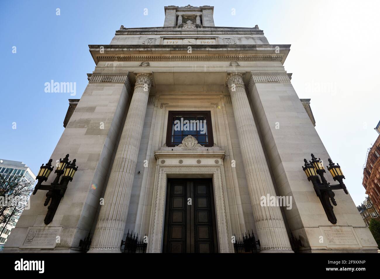 London, UK - 20 Apr 2021: Front facade of Freemasons Hall in Covent Garden, the principal meeting place for Masonic Lodges in London. Stock Photo