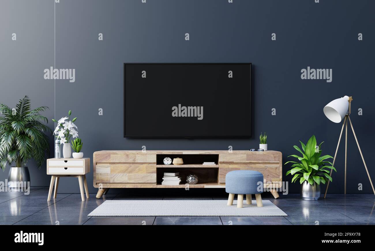 LED TV on the dark wall in living room,minimal design,3d rendering Stock  Photo - Alamy