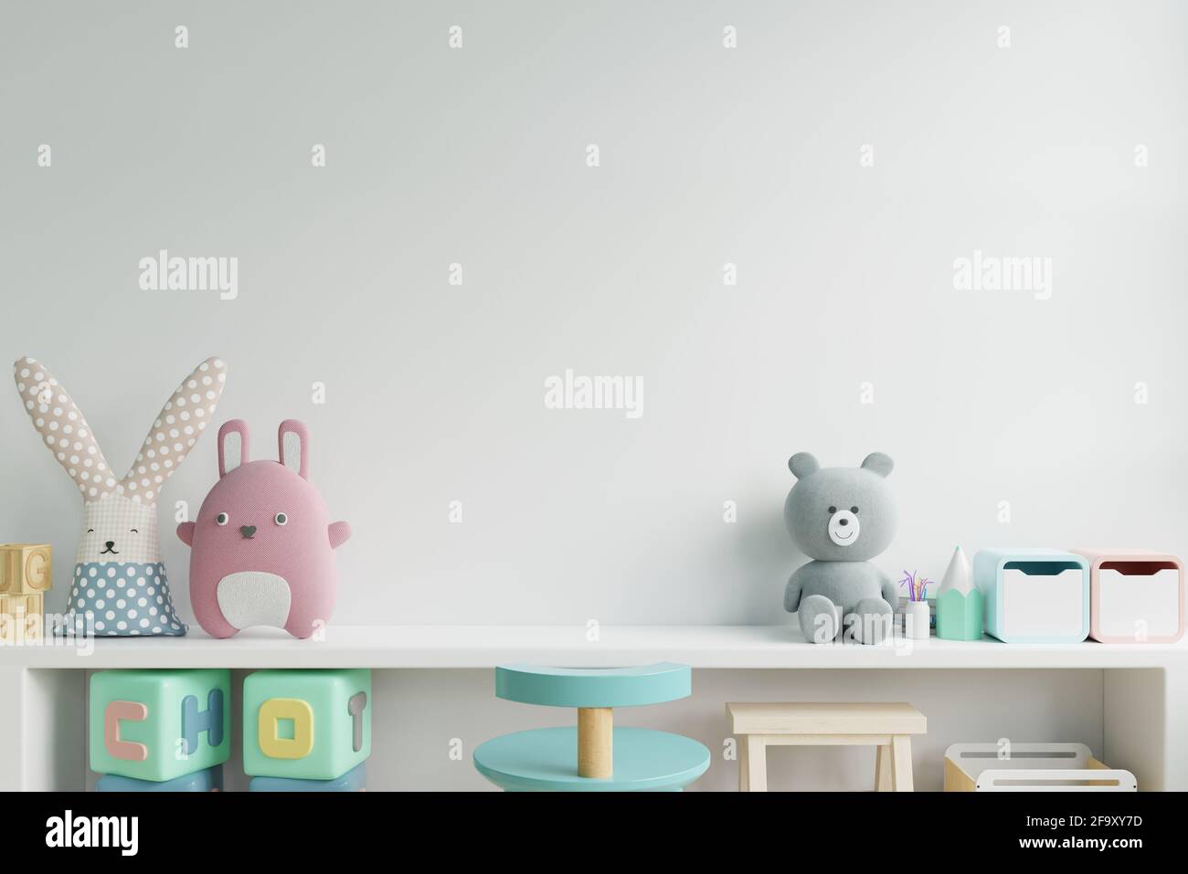 Mockup wall in the children's room on wall white colors background.3D ...