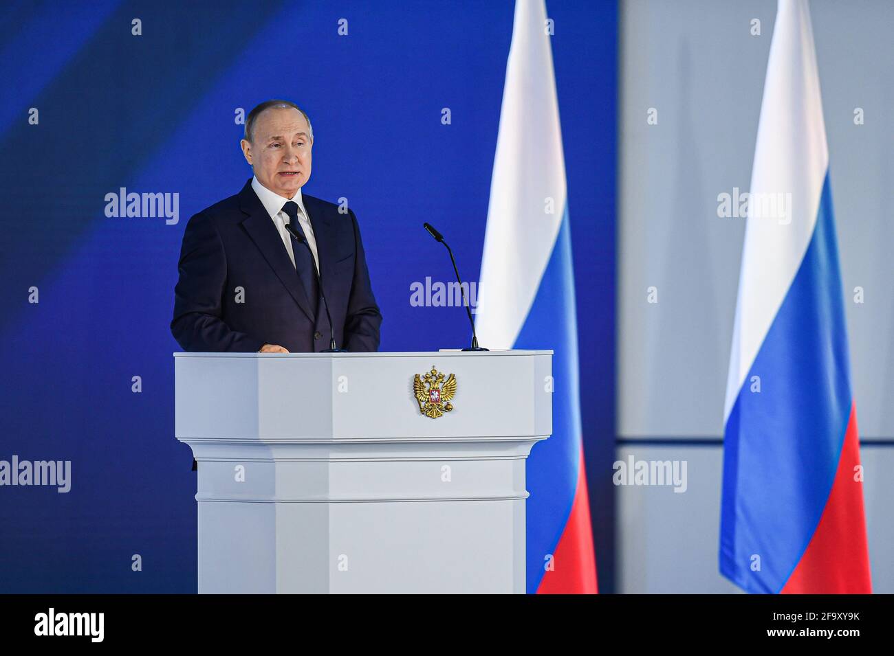 Moscow, Russia. 21st Apr, 2021. Russian President Vladimir Putin delivers his annual address to the Federal Assembly in Moscow, Russia, April 21, 2021. Credit: Evgeny Sinitsyn/Xinhua/Alamy Live News Stock Photo