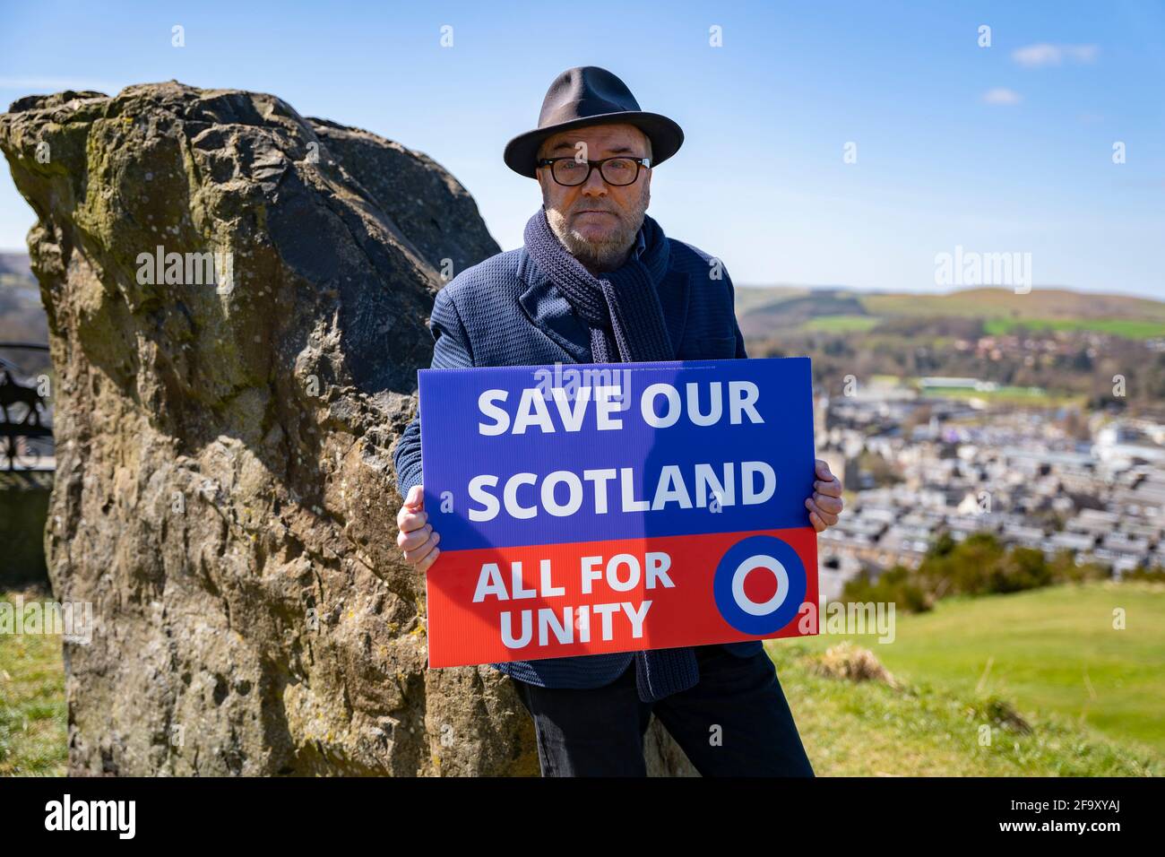 Hawick, Scotland, UK. 21 April 2021. George Galloway , founder of the All for Unity party and leader Jamie Blackett campaigning  against a hard border with England in Hawick , Scottish Borders, today.   Iain Masterton/Alamy Live News Stock Photo