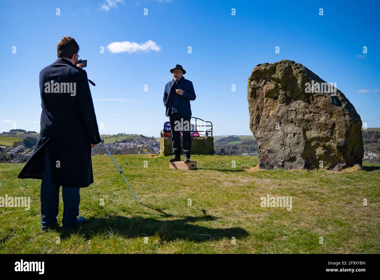 Hawick, Scotland, UK. 21 April 2021. George Galloway , founder of the All for Unity party and leader Jamie Blackett campaigning  against a hard border with England in Hawick , Scottish Borders, today.   Iain Masterton/Alamy Live News Stock Photo
