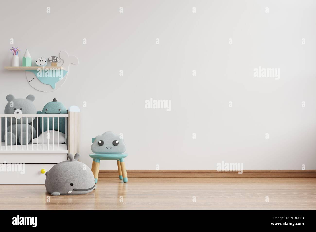 Mockup wall in the children's room on wall white colors background.3D ...