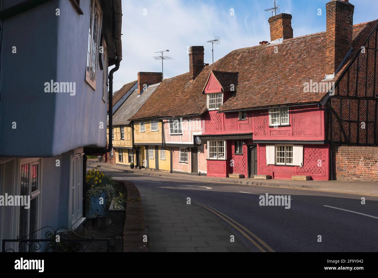 Saffron Walden England, view of typically colourful late medieval houses in Bridge Street in the Essex town of Saffron Walden, UK. Stock Photo
