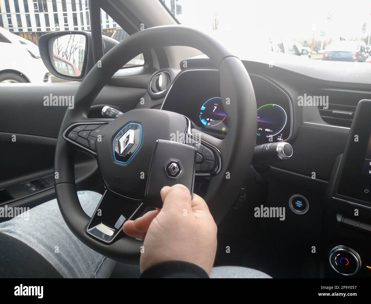 New Renault Zoe electric car interior. Steering wheel with control