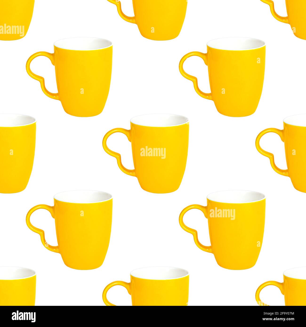 Bright yellow mug repeat seamless pattern isolated on white background. Stock Photo
