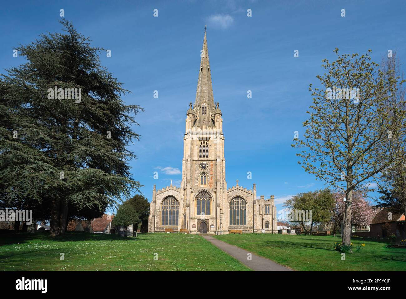 Saffron Walden church, view of the west tower and spire of St Mary The Virgin parish church in the centre of Saffron Walden, Essex, England, UK Stock Photo