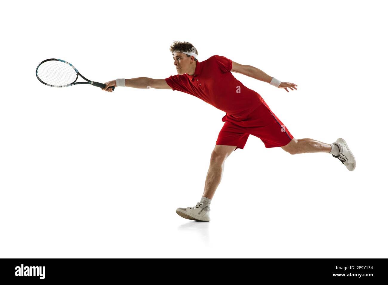 One Caucasian man, professional tennis player isolated on white