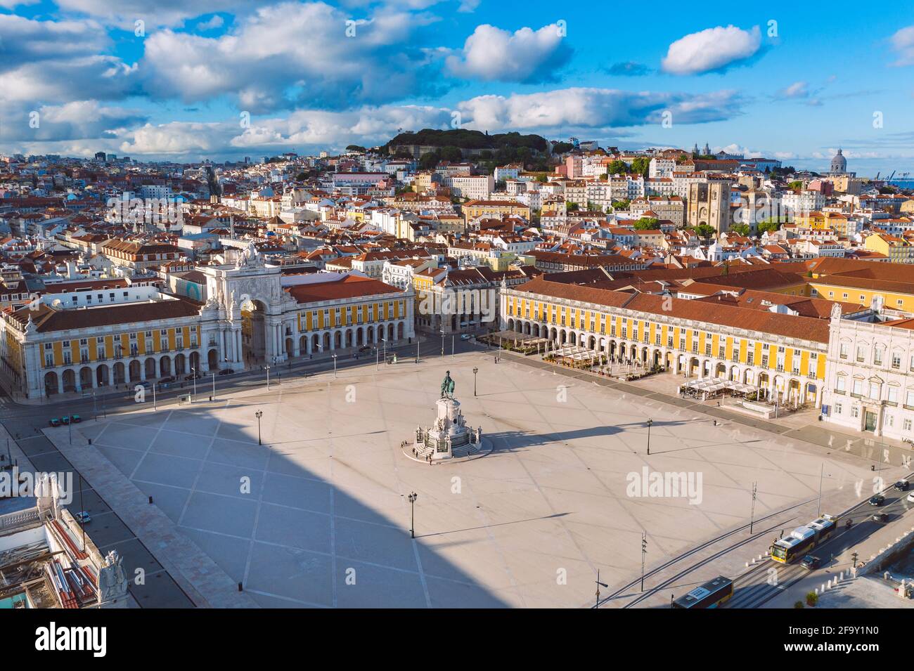 Aerial top view of Commerce Square or Praca do Comercio in Lisbon city