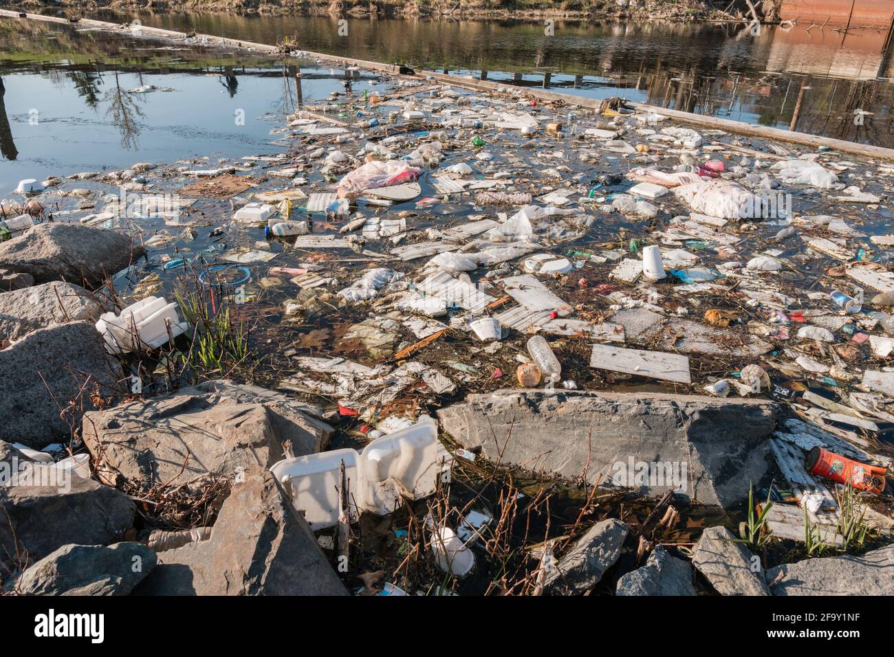 Garbage and trash collects in urban river causing a back up of ...