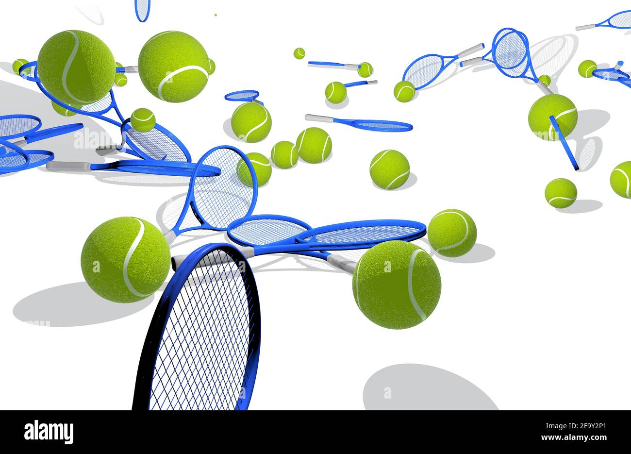 3d illustration of tennis balls and rackets. Falling to the ground bouncing and mingling. Cut out on white background with bold colors. Stock Photo