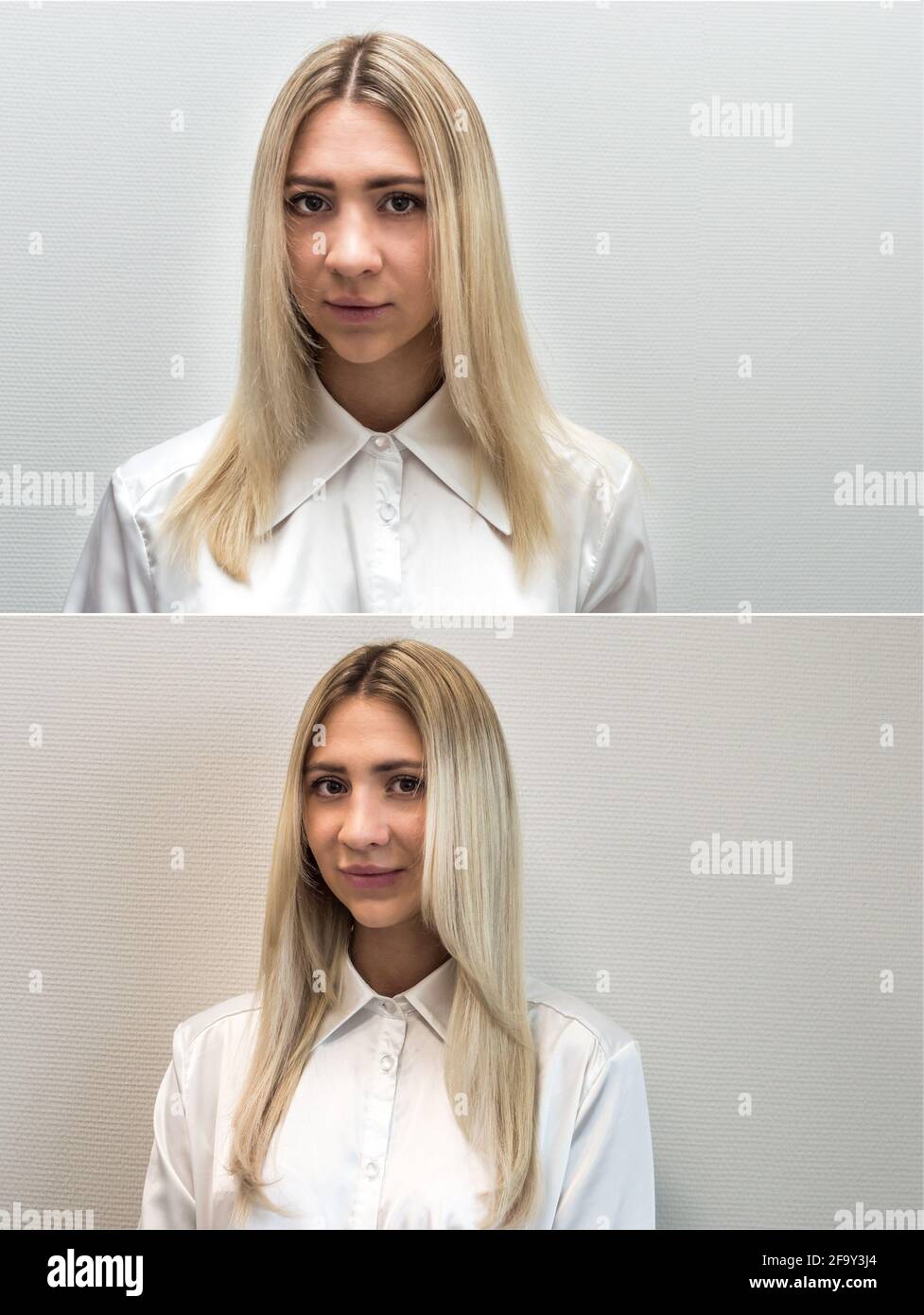 Young blond woman before and after hair extensions. Stock Photo