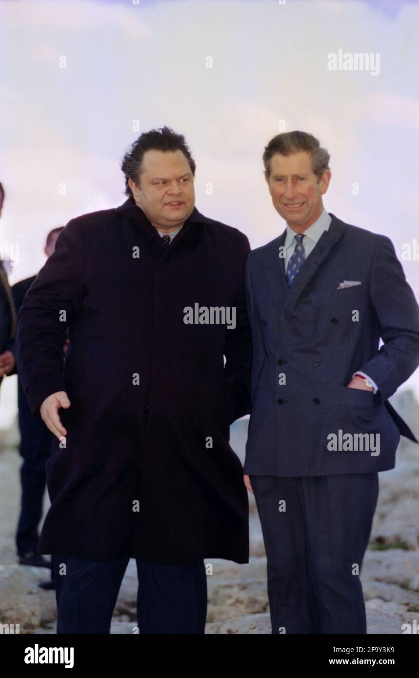 Charles, Prince of Wales, on the steps of the Parthenon, during his first official visit in the Acropolis of Athens, Greece, on 23 November,1998. Photo: Dimitris Aspiotis Stock Photo