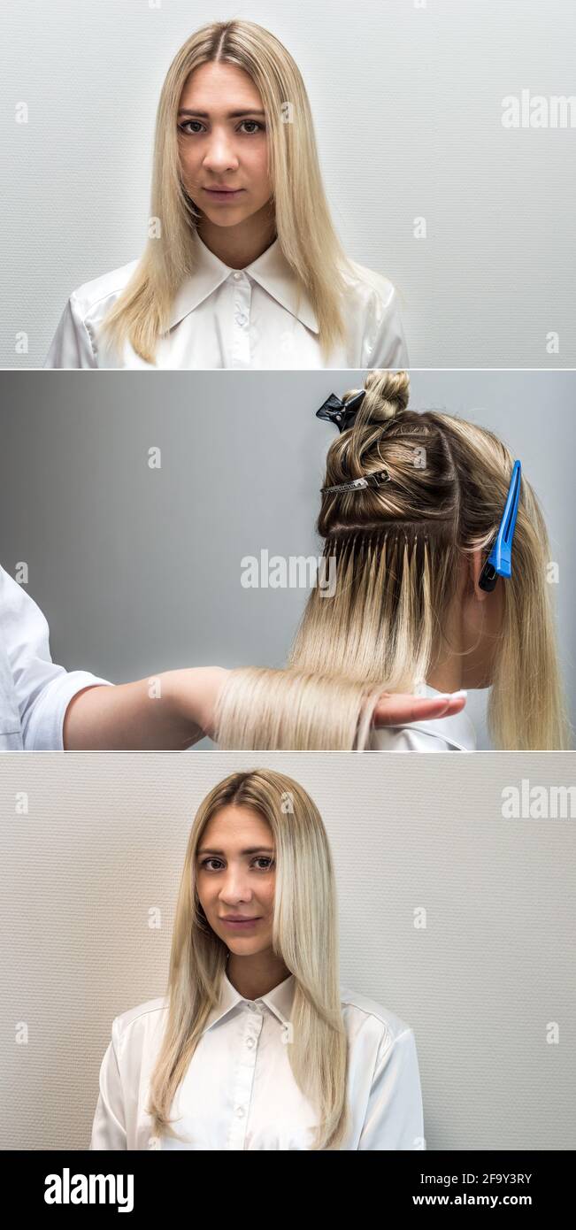 Young blond woman before and after hair extensions. Stock Photo