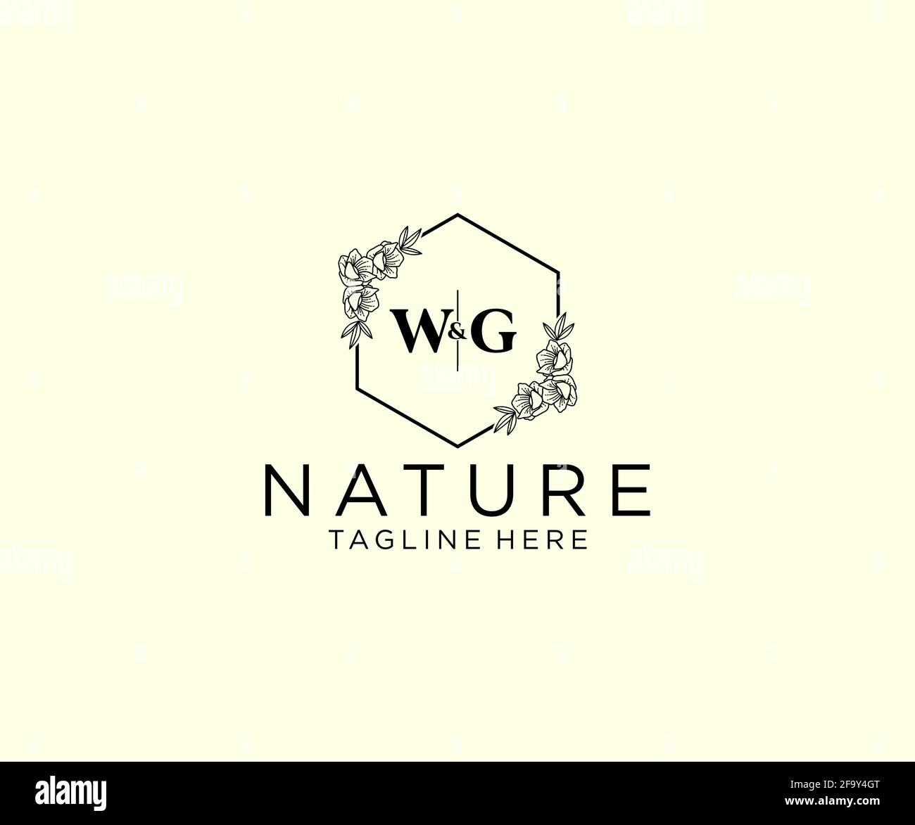 WG letters Botanical feminine logo template floral, editable premade monoline logo suitable, Luxury feminine wedding branding, corporate. Stock Vector