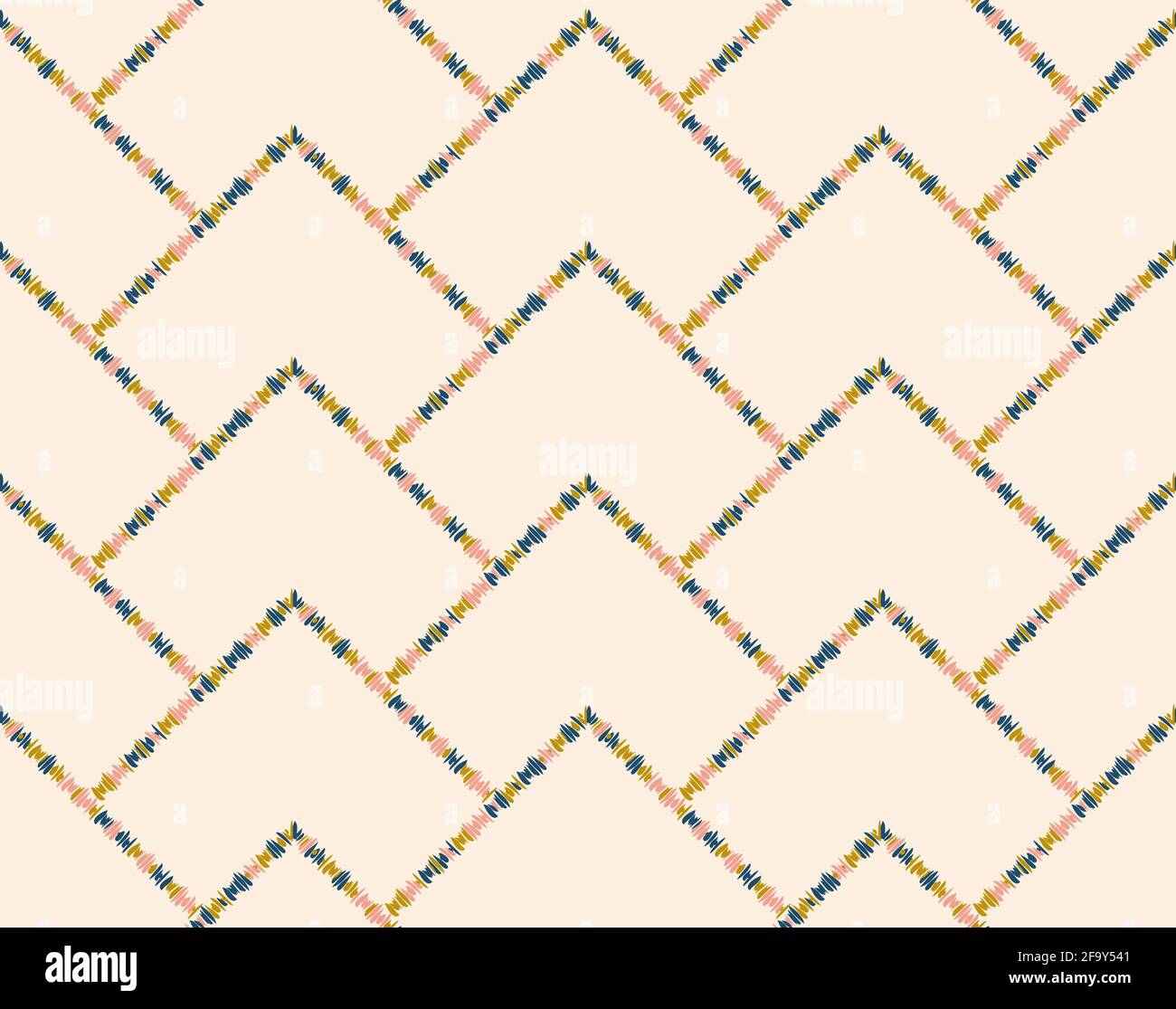 Triangle seamless pattern. Hand drawn fantasy doodle colored line. Light pink background. Vector Stock Vector