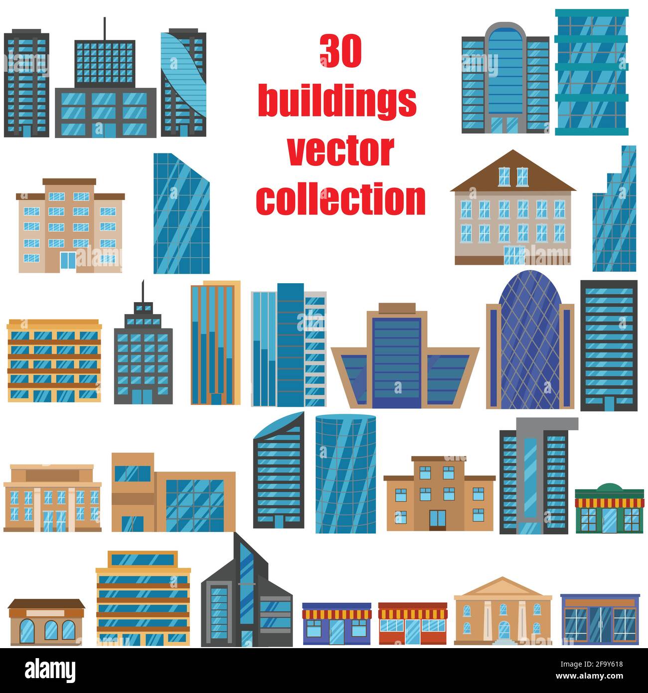 Collection of different modern city buildings set vector flat design Stock Vector