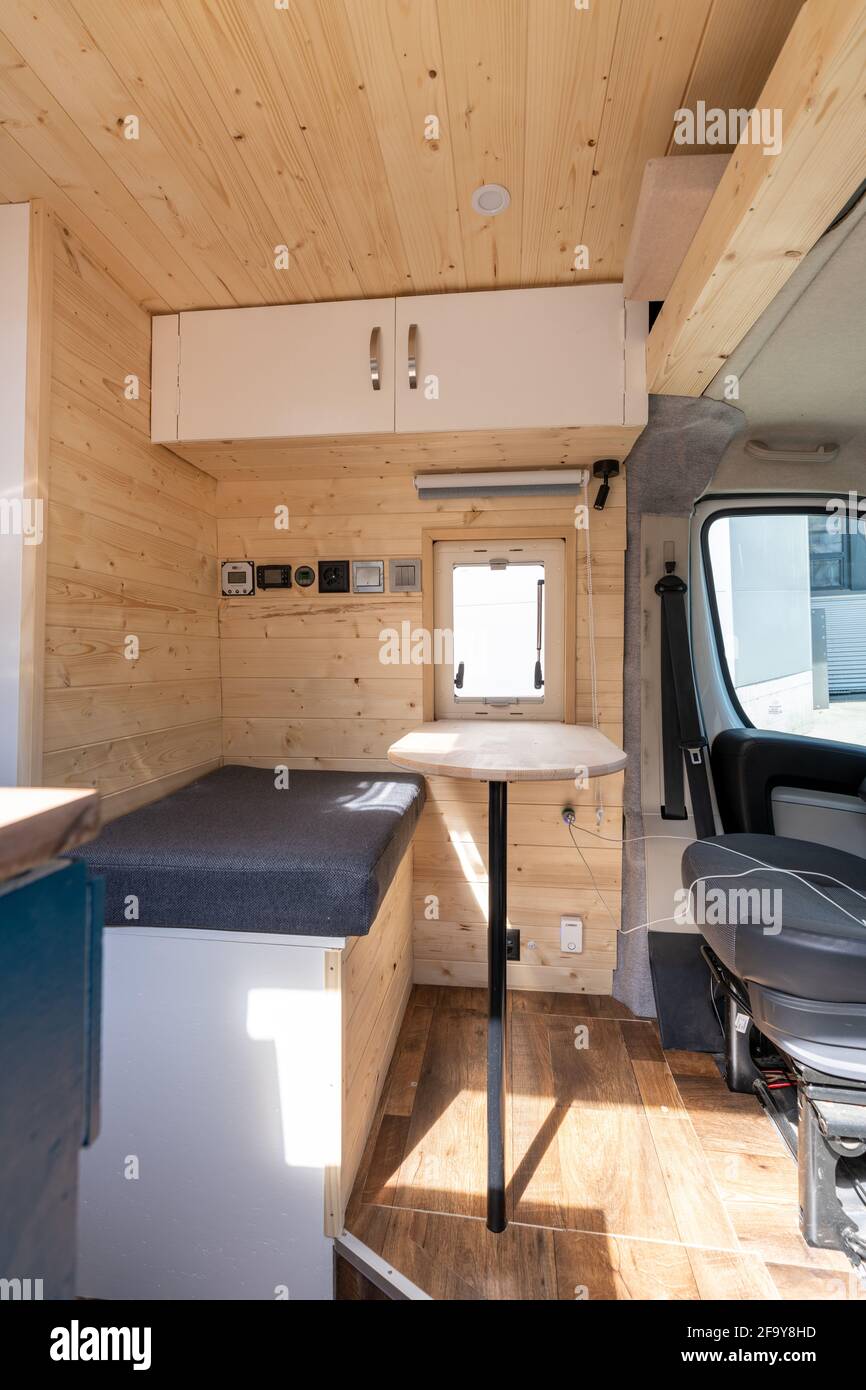 interior view of a self-build camper van in the finishing stages Stock Photo