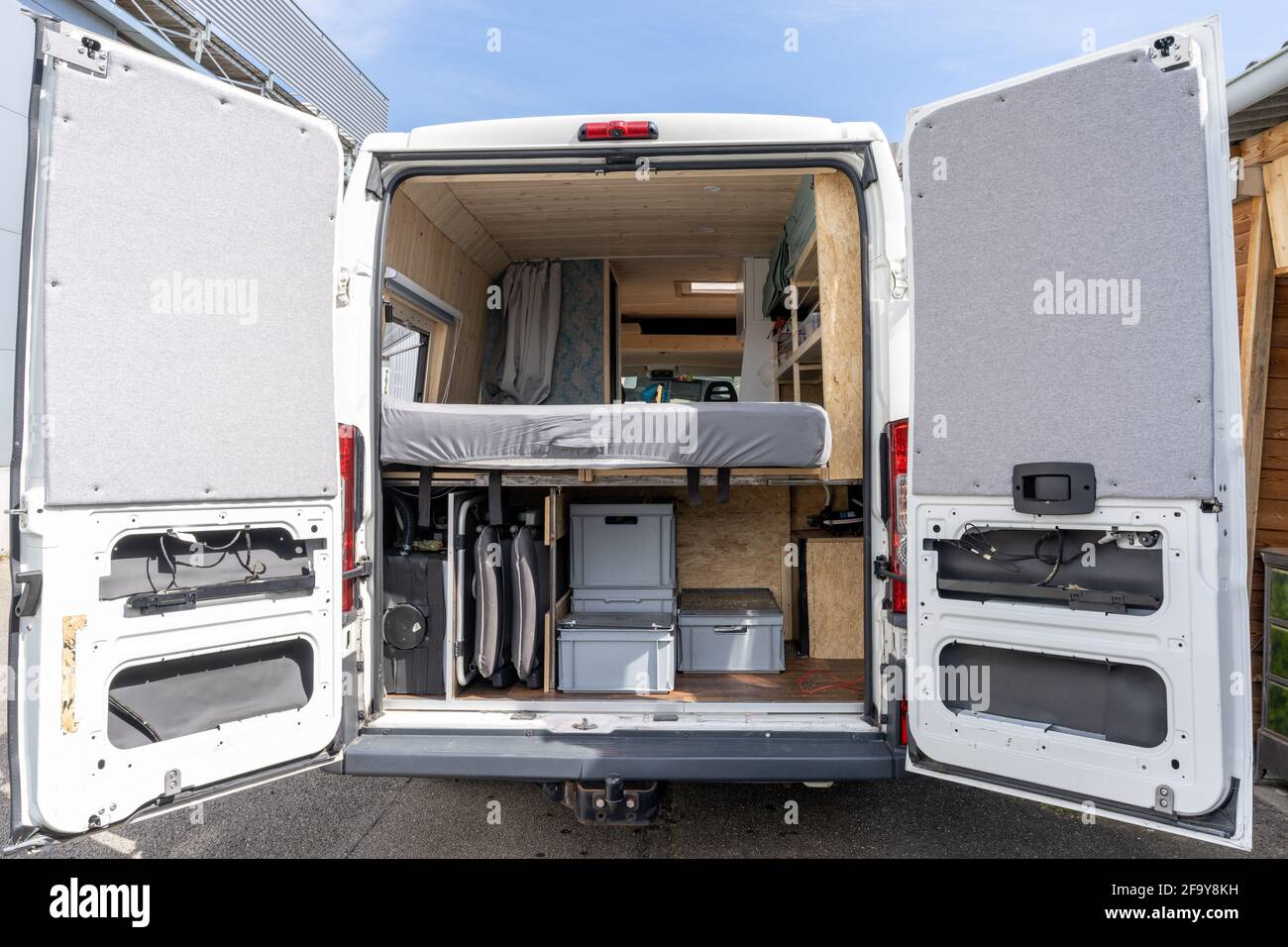 interior view of a self-build camper van in the finishing stages Stock Photo