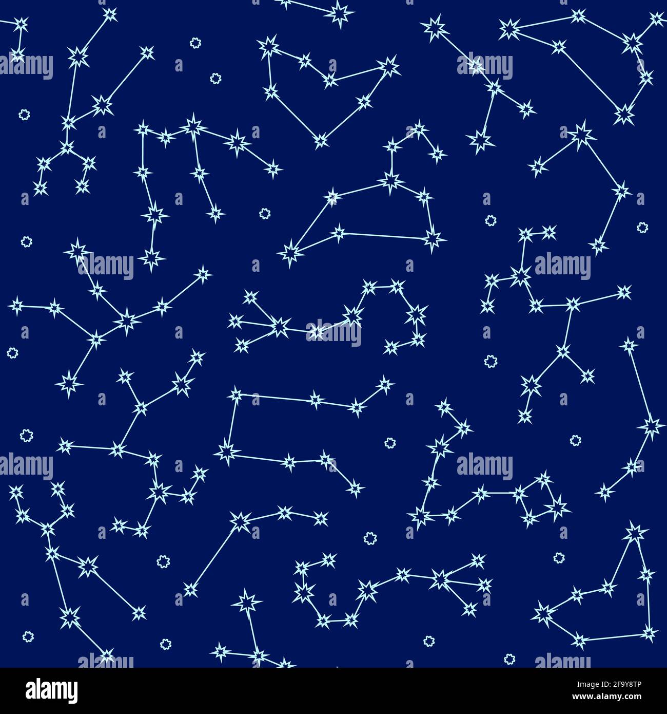 Astrology seamless background with zodiac constellation symbols. Cosmic repeating pattern with connected shining star signs. Vector illustration. Stock Vector