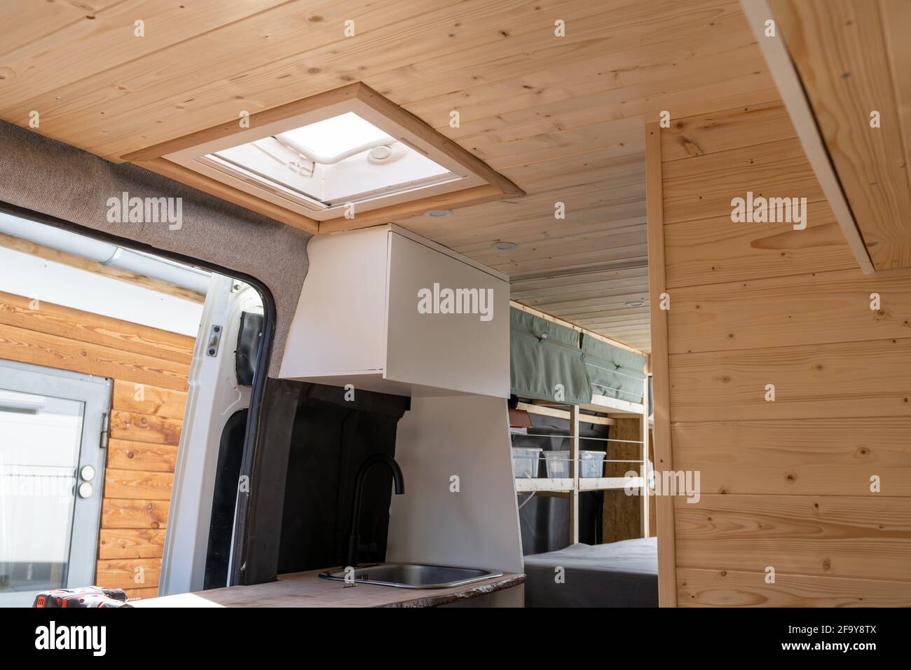 interior view of a self-build camper van in the finishing stages Stock ...