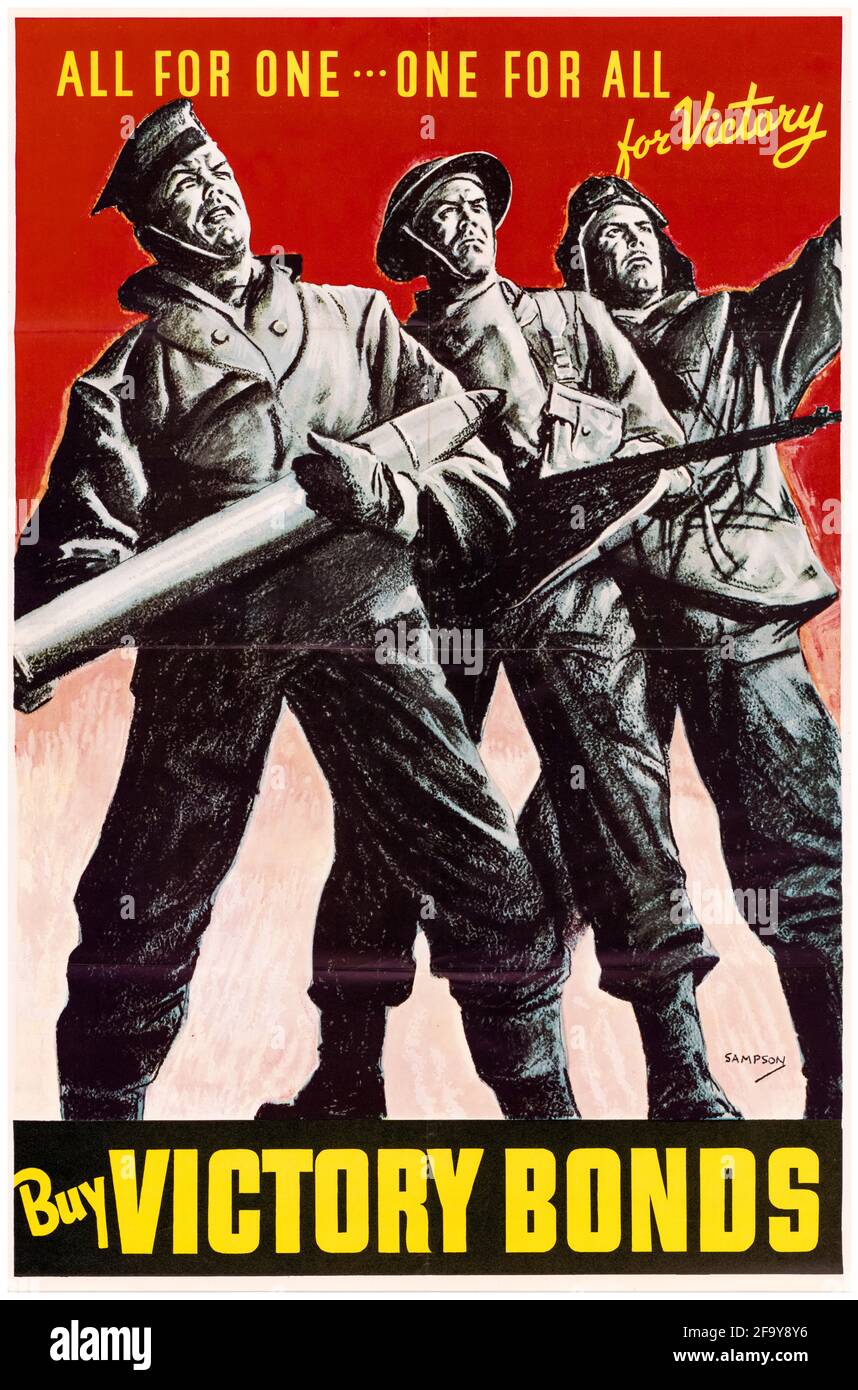 Canadian, WW2 finance poster: Buy Victory Bonds (All for One, One For All For Victory), 1942-1945 Stock Photo
