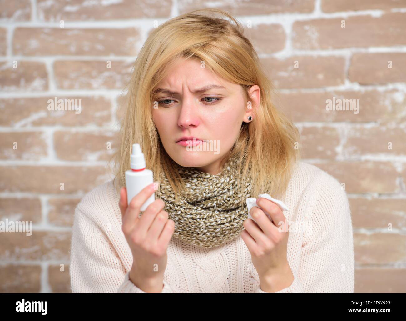 Allergy concept. Home treatment. Effective nasal spray. Runny nose and