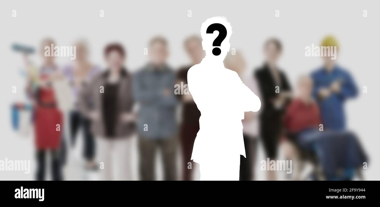Applicants and employees wanted for job offer in front of a blurred group of people Stock Photo
