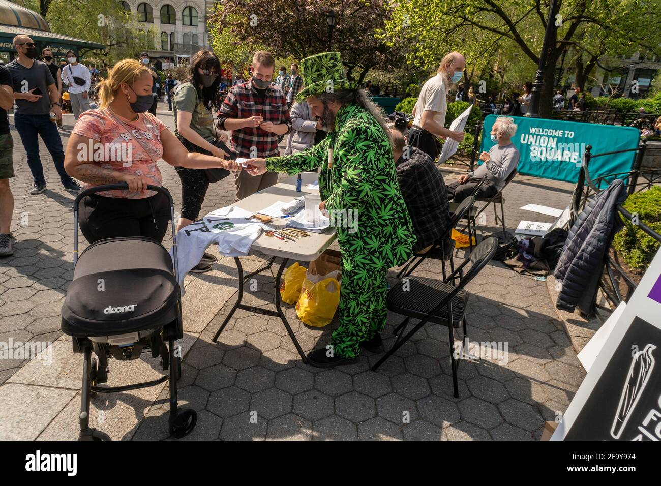 New York, USA. 20th Apr, 2021. Marijuana activists distribute free joints in Union Square Park in New York on “420 Day”, Tuesday, April 20, 2021. The activists were celebrating the legalization of marijuana in New York by distributing the joints upon presentation of proof of COVID-19 vaccination. (Photo by Richard B. Levine) Credit: Sipa USA/Alamy Live News Stock Photo
