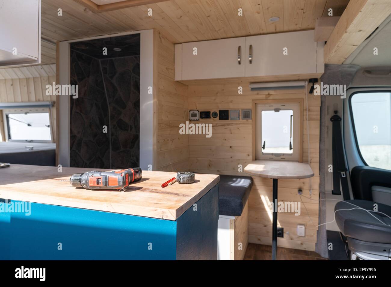 interior view of a self-build camper van in the finishing stages Stock ...