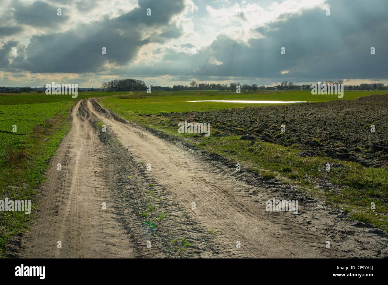 Rural road through fields and sunbeams on the sky, Czulczyce, Lubelskie, Poland Stock Photo