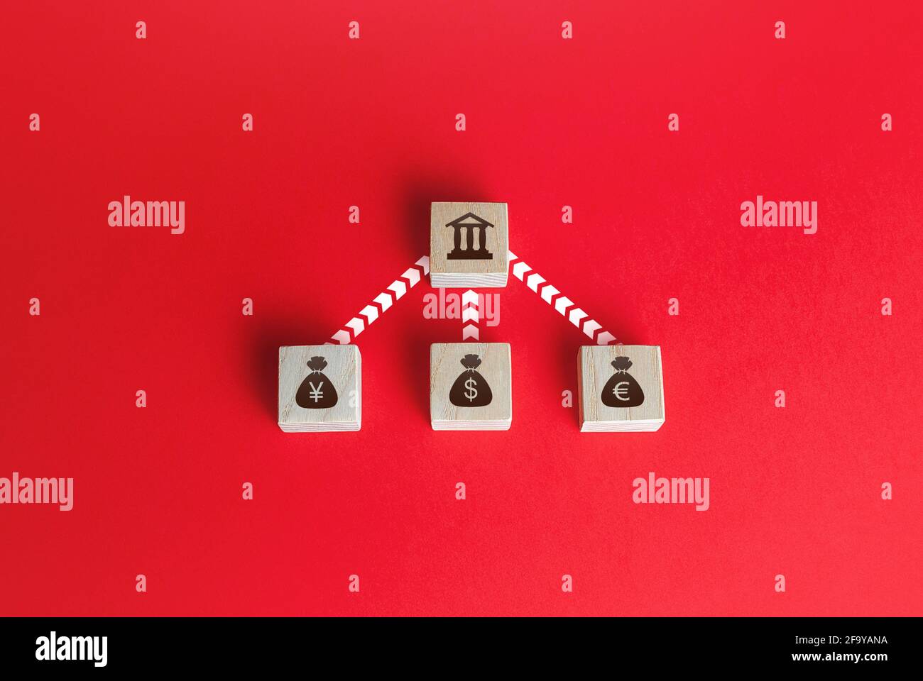 Currencies money bags are connected to the bank by lines . Financial