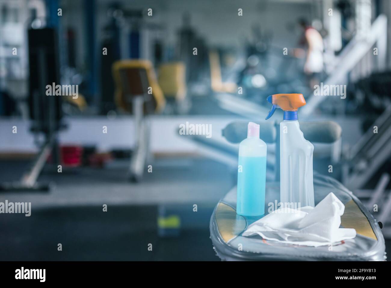 Antibacterial gel in the gym. Risk area for disease outbreak , it for washing hands to stop spreading covid-19 for public health safety. Concept hygie Stock Photo
