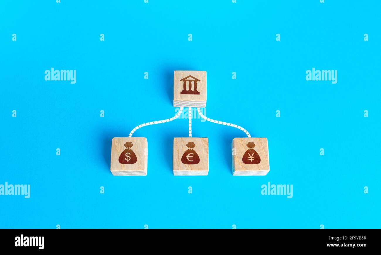 Linked blocks bank and currencies money bags. Financial system, national foreign exchange reserve concept. Attraction of credit resources on capital m Stock Photo