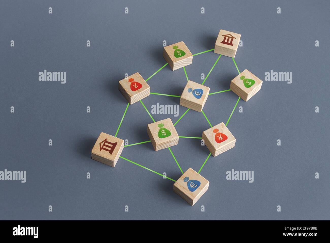 Banks and money connected in a network of lines. Financial system.  Borrowing of credit funds in international capital markets. Interbank  communication Stock Photo - Alamy