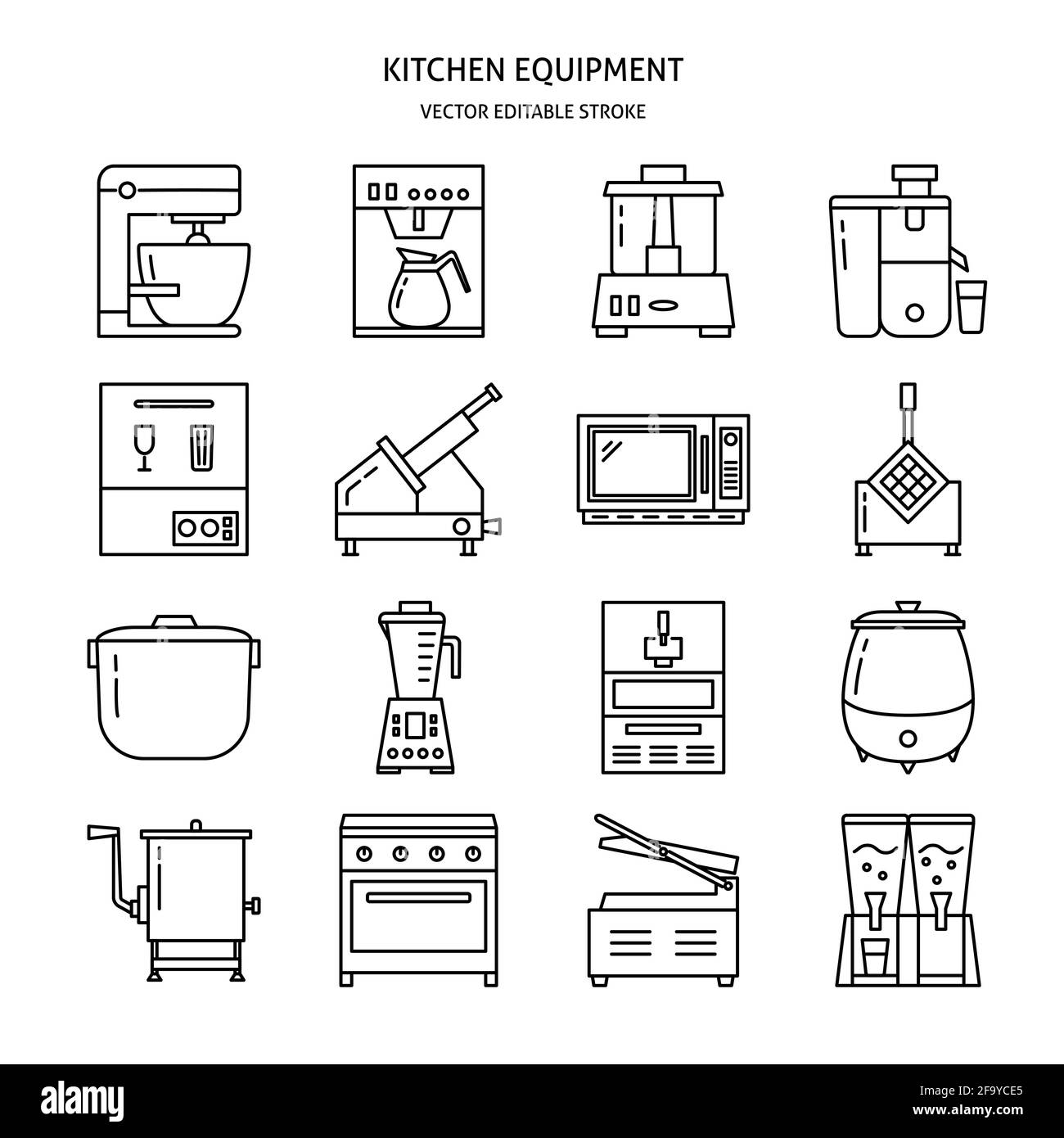 Kitchen equipment icon set in line style. Commercial cooking appliances