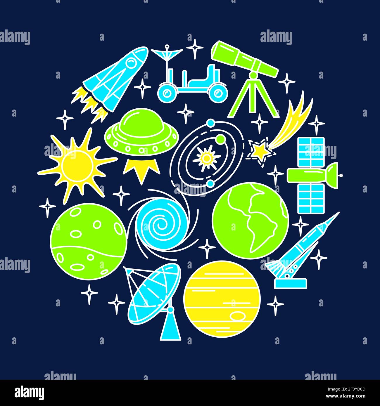Space elements round concept banner in thin line style. Spaceship ...