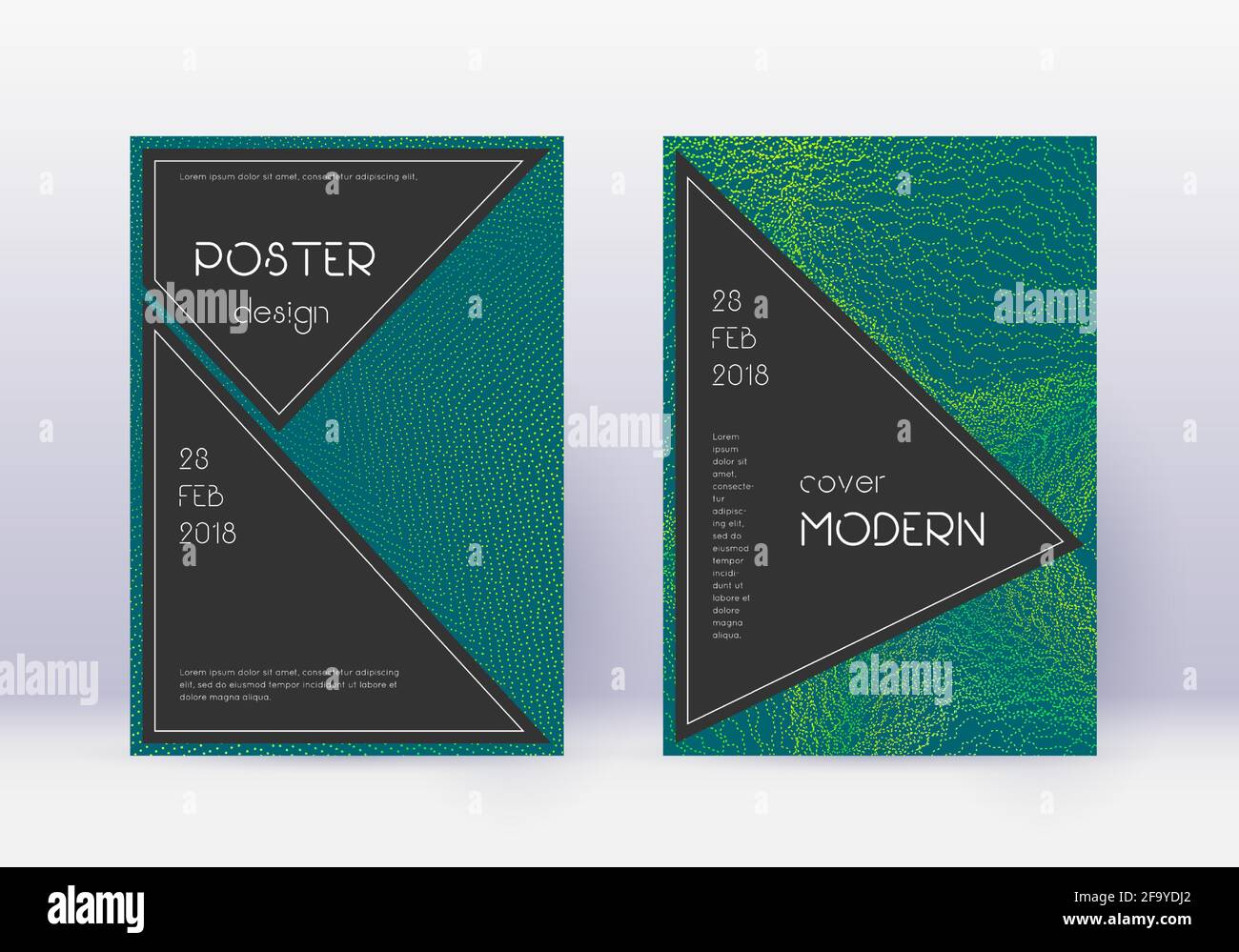 Black cover design template set. Green abstract lines on dark