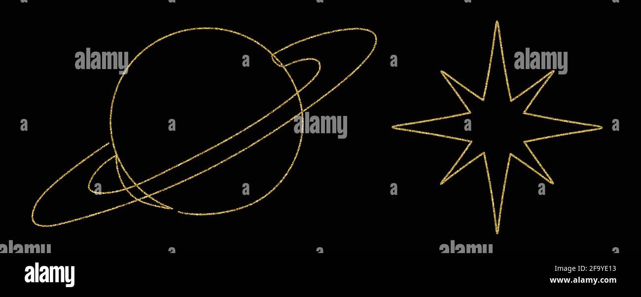 Beautiful golden planet in line art style. Stock Vector