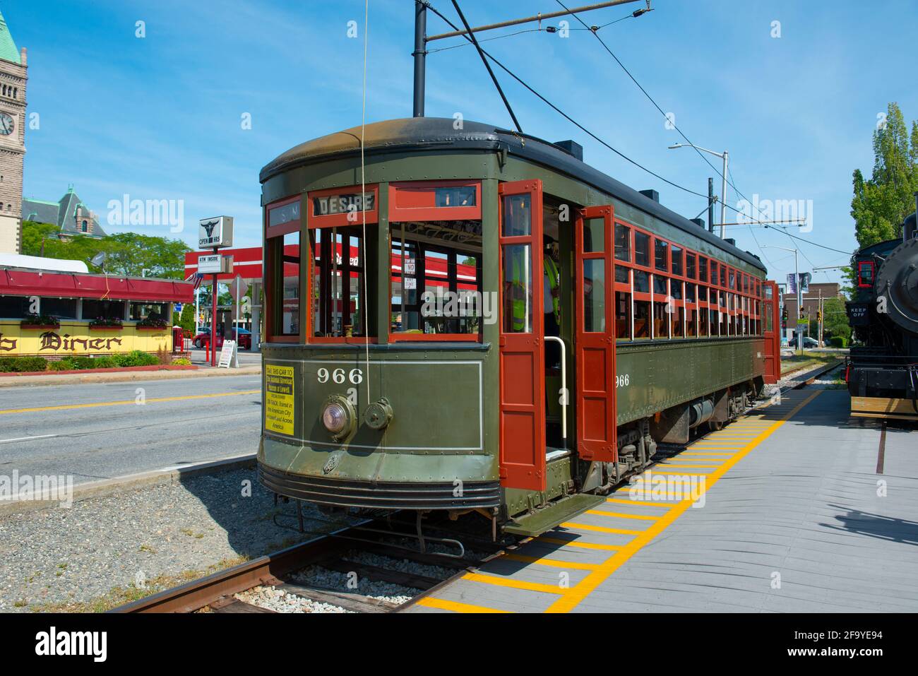 New Orleans Streetcar #966 at National Streetcar Museum on Dutton Street in Downtown Lowell, Massachusetts, MA, USA. Stock Photo