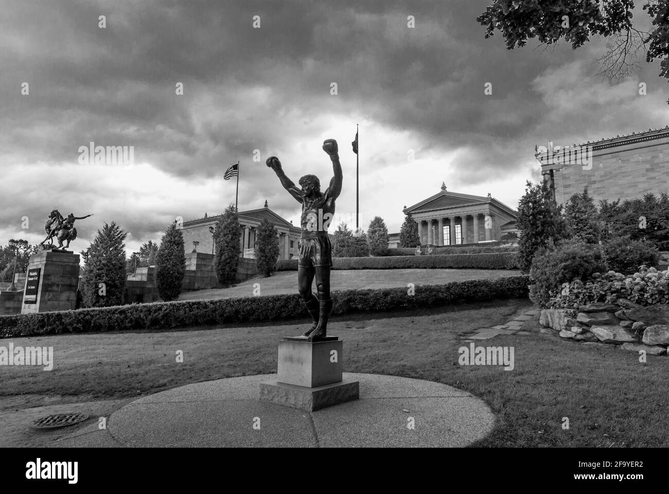 The statue of Sylvester Stallone / Rocky Balboa near Philadelphia Museum of Art, USA. B&W Stock Photo