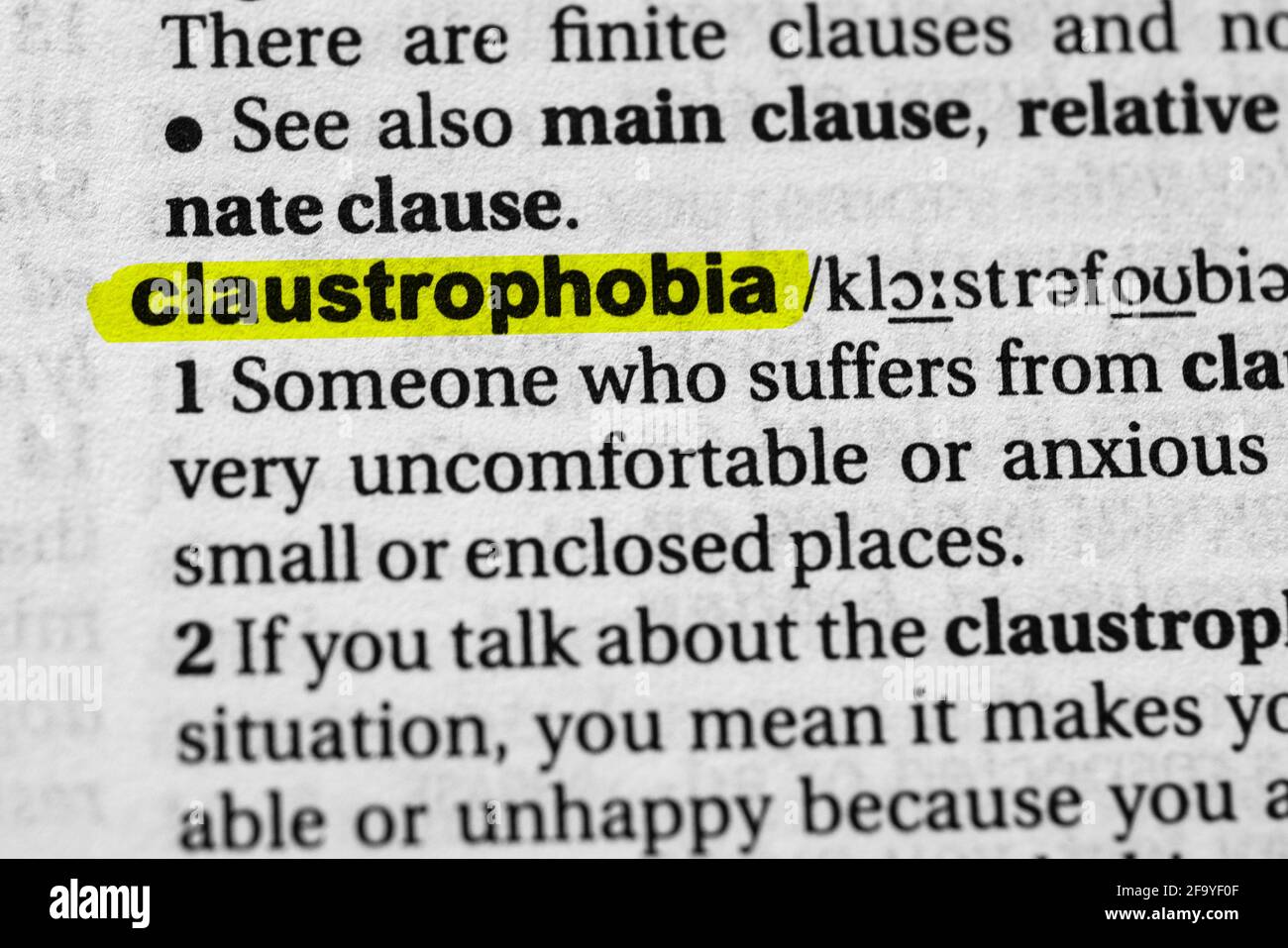 Highlighted word claustrophobia concept and meaning. Stock Photo