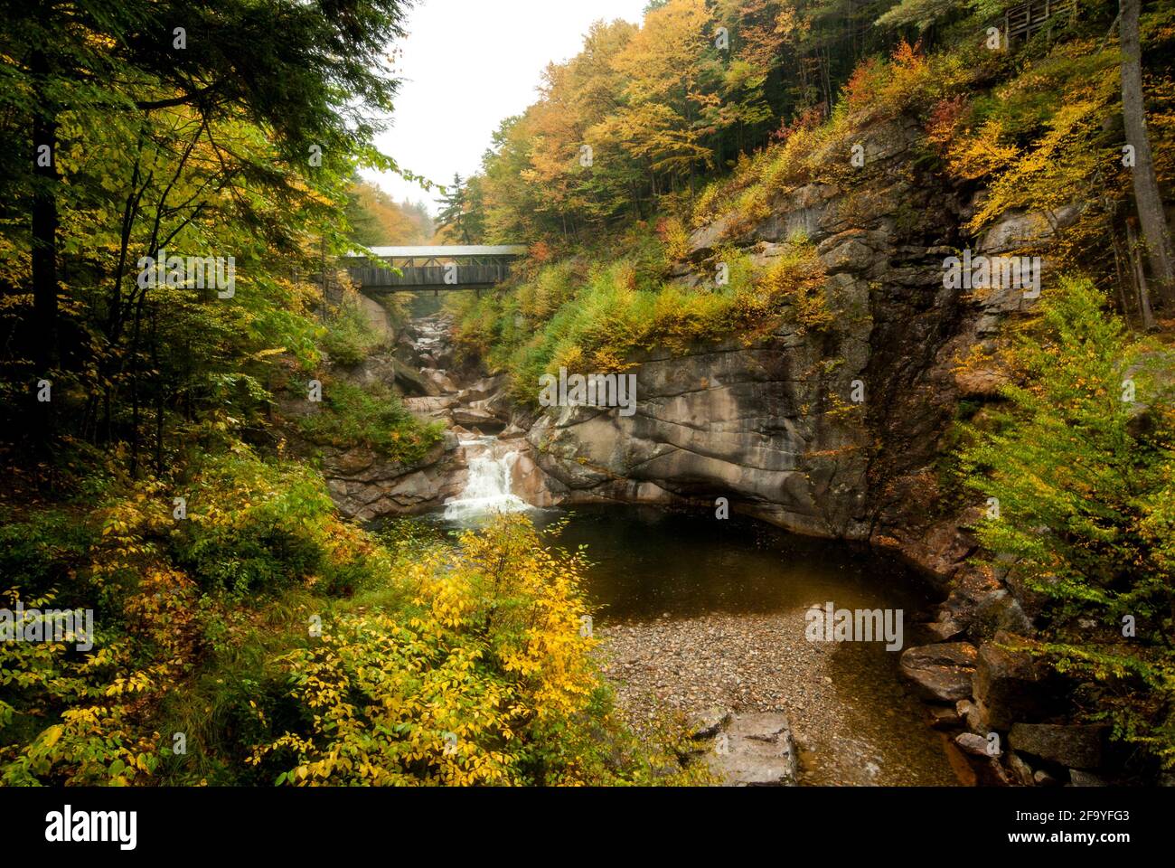 A covered bridge across the Pemigewasset River in Franconia Notch State Park, New Hampshire, USA in autumn / fall. Stock Photo