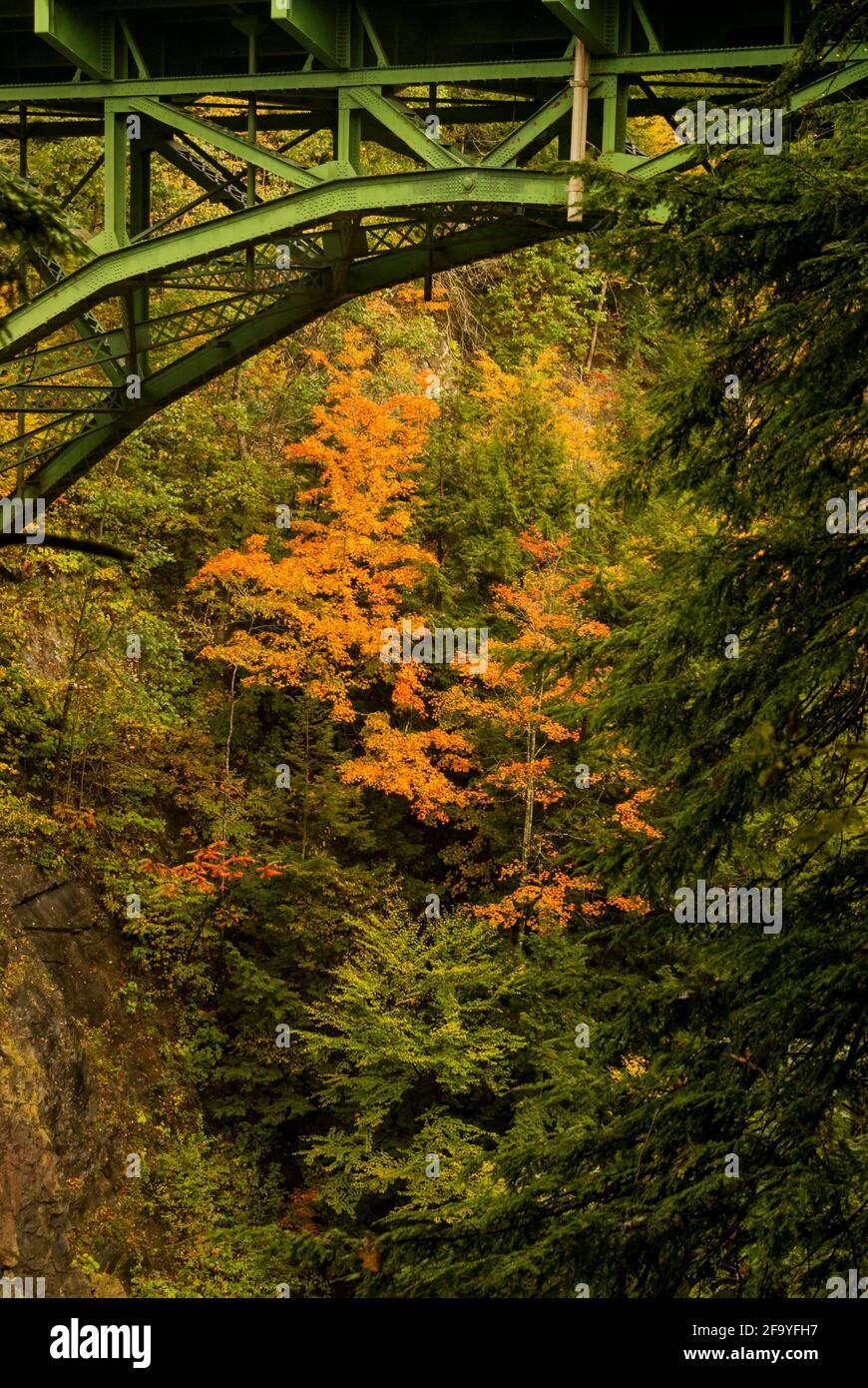 A green iron bridge spanning Quechee Gorge, Vermont, USA in autumn / fall. Stock Photo