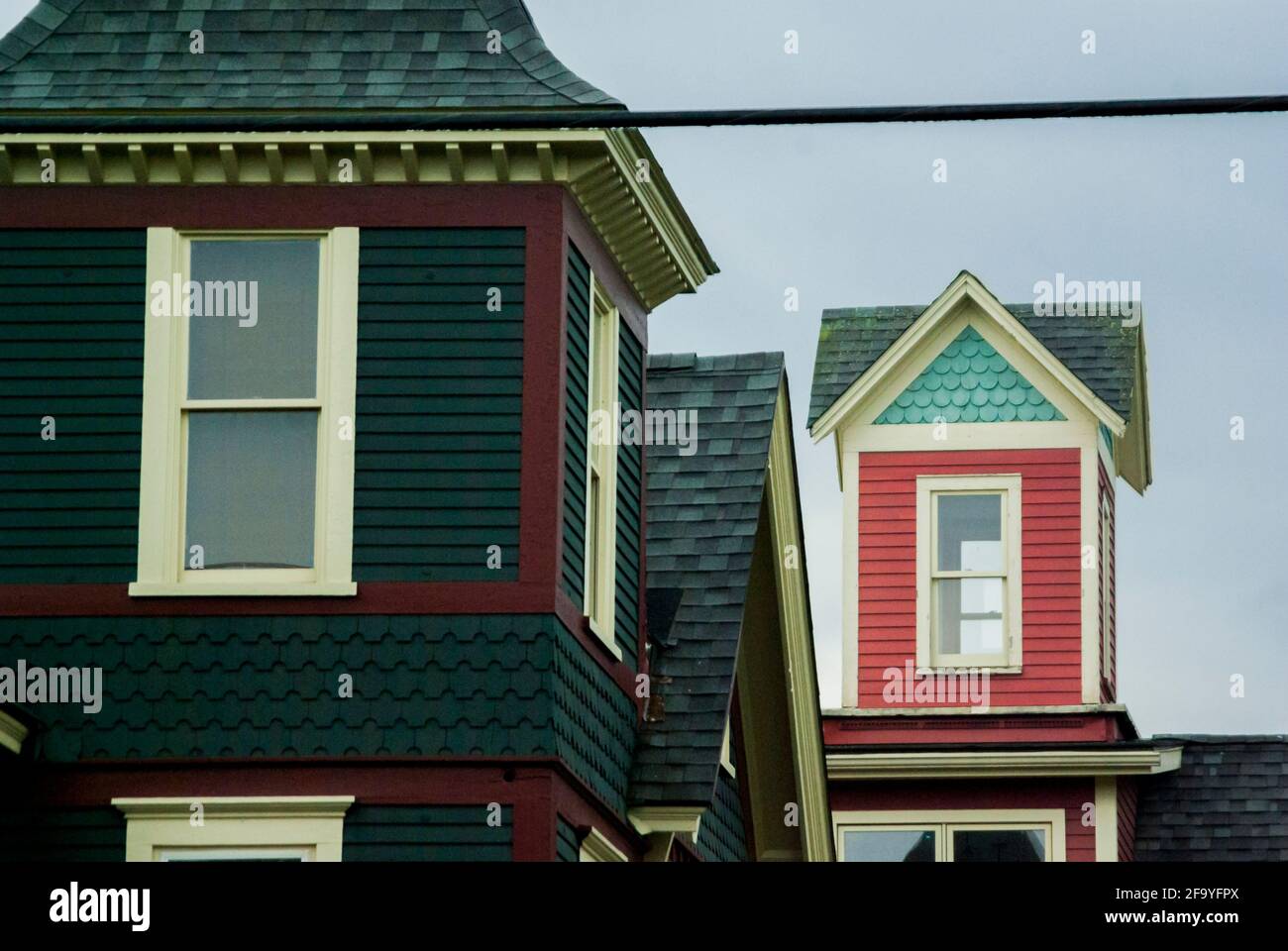 Towers / turrets on colourful wooden houses in Stowe, Vermont, USA. Stock Photo