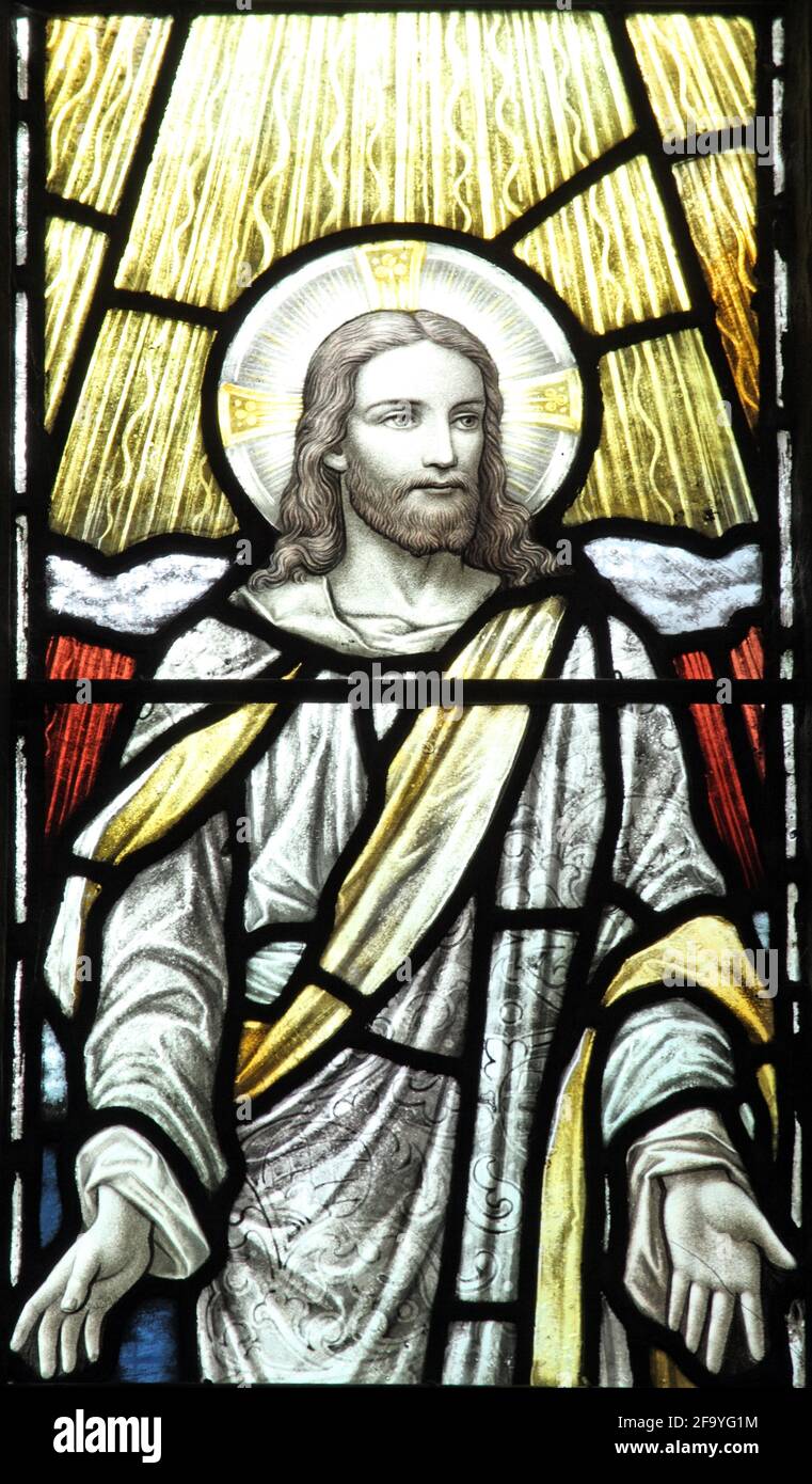 A stained glass window by Heaton, Butler & Bayne, depicting the Transfiguration of Chirst, All Saints Church, Ladbroke, Warwickshire Stock Photo