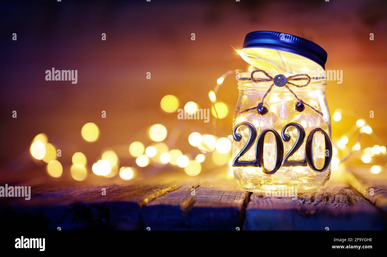 Open 2020 - Christmas Lights In The Jar - Blurred Background Stock Photo