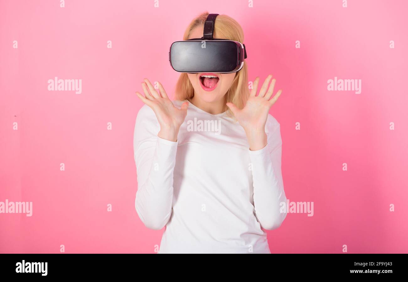 3d technology, virtual reality, entertainment, cyberspace and people  concept. Amazed young woman touching the air during the VR experience.  Woman Stock Photo - Alamy