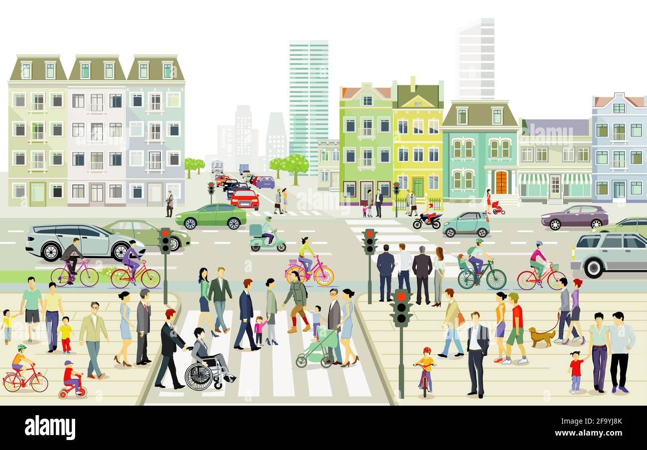 City landscape with road traffic and pedestrians, illustration Stock ...